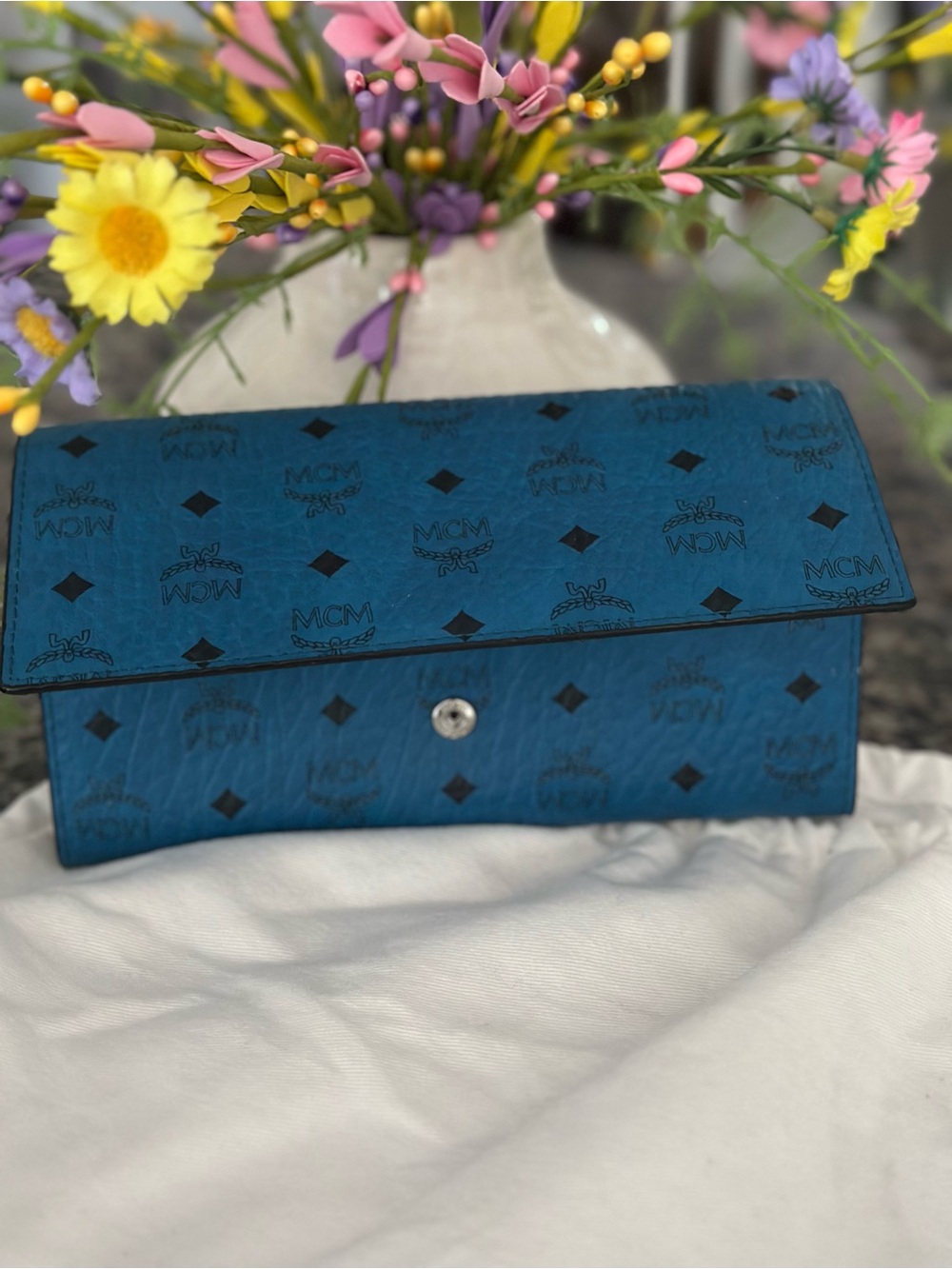 MCM Teal Blue Logo Continental Wallet with Monogram Pattern